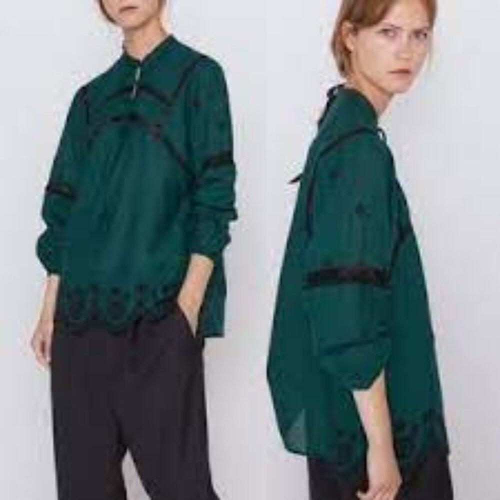 ZARA Dark Green Embroidered Tie Neck Long Sleeve Blouse Size Small